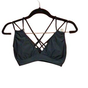 Black bikini top with a cross cross back design and adjustable straps sz medium